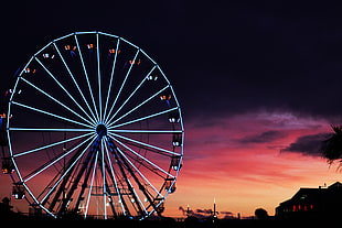 white ferris wheel, ferris wheel, sunset, clouds