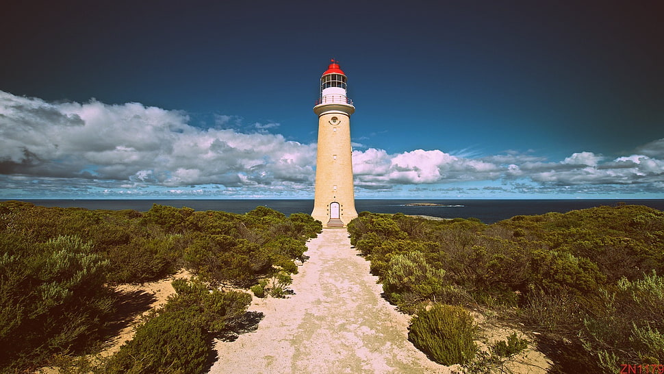 beige and white lighthouse, lighthouse, sea, sky, clouds HD wallpaper