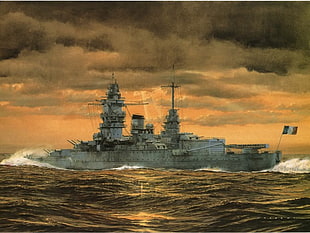 gray battleship painting, ship, artwork, warship, military