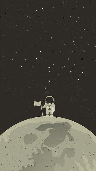 person in space suit standing holding flag on moon illustration