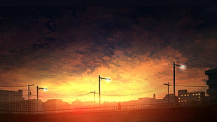 white building at golden hour, sunset, cityscape, sky, anime