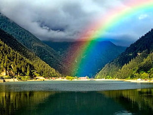 rainbow near body of water, nature, rainbows, lake