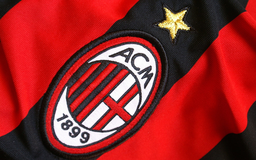 red and black ACM embroidered jersey, soccer, AC Milan, sports jerseys, logo HD wallpaper