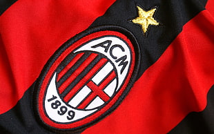 red and black ACM embroidered jersey, soccer, AC Milan, sports jerseys, logo