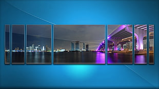 purple bridge 6-panel wall decoration, blue, water, sea, night HD wallpaper