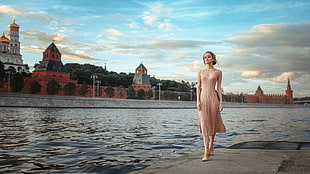 women's pink spaghetti strap dress, women, blonde, model, Maria Zhgenti HD wallpaper