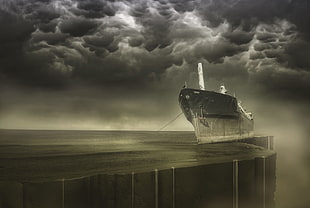 black and gray ship, ship, digital art, sky, vehicle