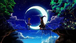 girl and witch wallpaper, anime, anime girls, night, sky HD wallpaper