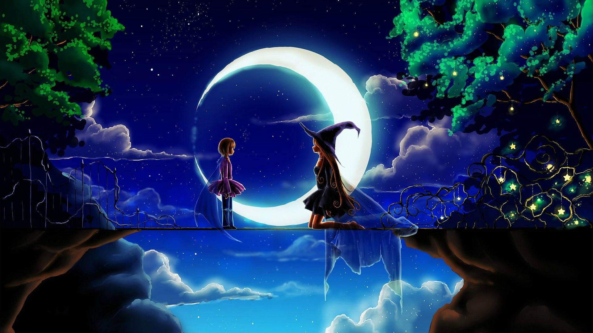 Girl And Witch Wallpaper Anime Anime Girls Night Sky Hd
