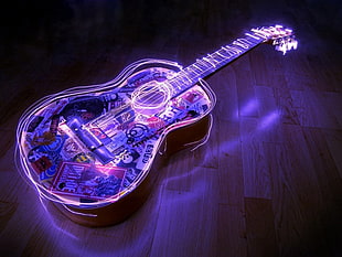 black, gray and white dreadnought acoustic guitar with LED lights HD wallpaper