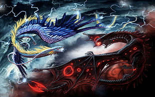 blue and red Dragon fighting poster