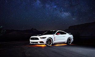 white coupe, Ford Mustang, night