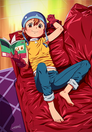 boy lying on couch anime character illustration, Digimon, Takanashi Sora, books, room