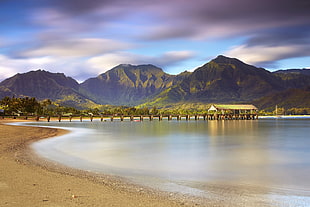 mountain and body of water, beach, mountains, sea, clouds
