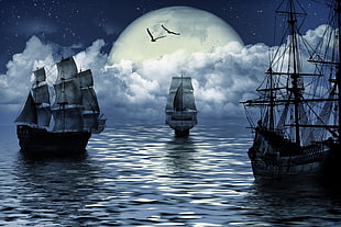 tree wooden galleon digital wallpaper, sailing ship, fantasy art, render, clouds