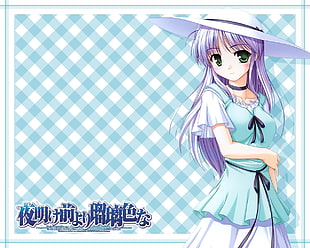female anime character wearing blue and white dress white sun hat