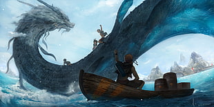 lung dragon wallpaper, dragon, water, boat HD wallpaper