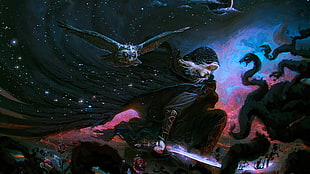 white-haired person wearing hoodie and carrying sword illustration, fantasy art, artwork, magic HD wallpaper