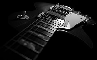 stratocaster guitar, guitar, monochrome, musical instrument