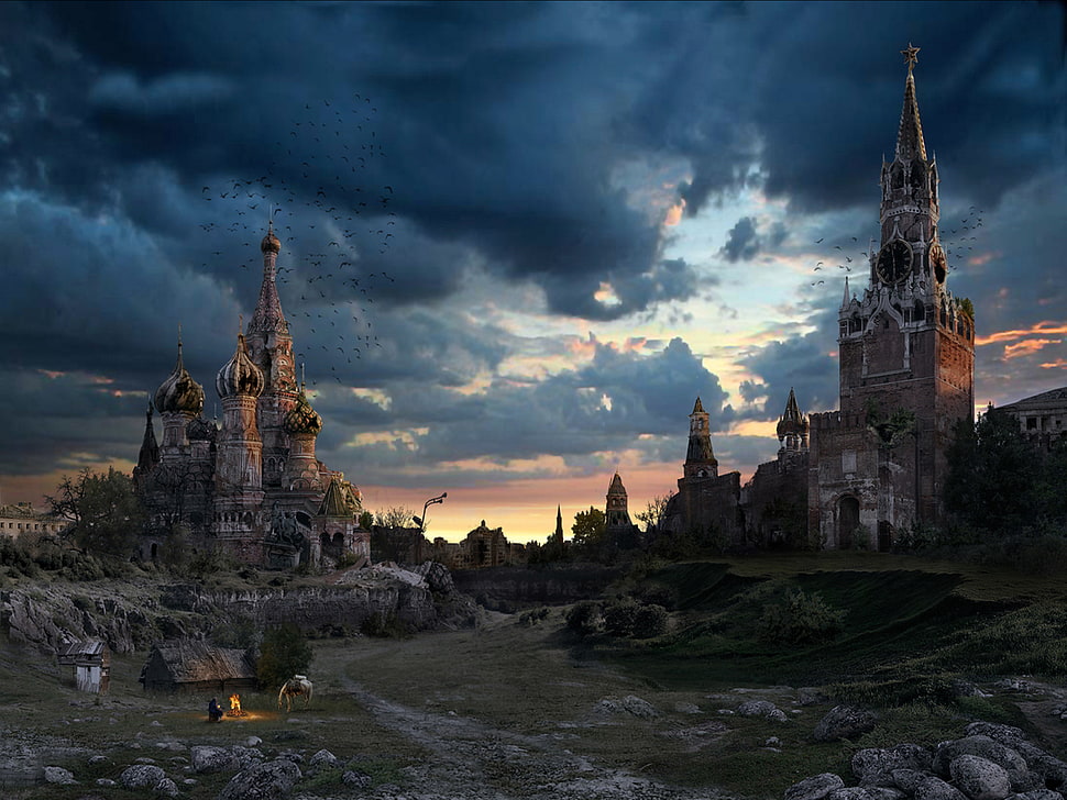 brown concrete castles, artwork, apocalyptic, ruins, building HD wallpaper