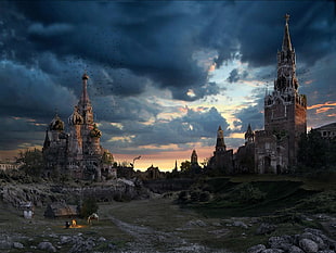brown concrete castles, artwork, apocalyptic, ruins, building