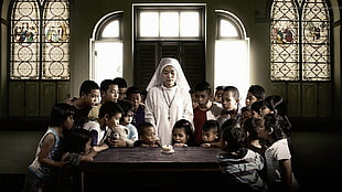 white nun religious habit, artwork, nuns, cake, children HD wallpaper