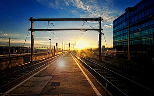 brown train rail, railway, sun rays