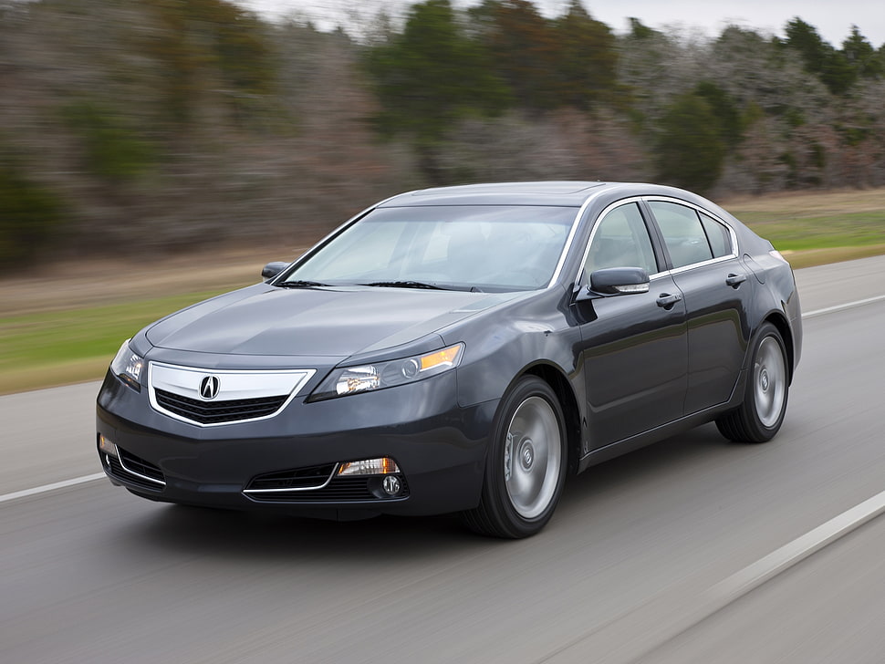 gray Acura TL on roadway at daytime HD wallpaper