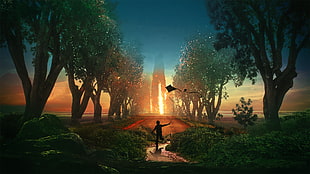 boy holding kite between trees towards bridge wallpaper, digital art, landscape, silhouette, sunset HD wallpaper