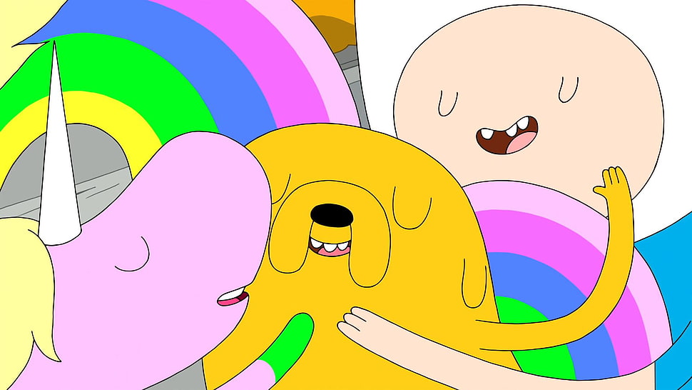 Finn, Jake, and pink unicorn illustration, Adventure Time, Jake the Dog, Finn the Human, Lady Rainicorn HD wallpaper