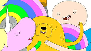 Finn, Jake, and pink unicorn illustration, Adventure Time, Jake the Dog, Finn the Human, Lady Rainicorn