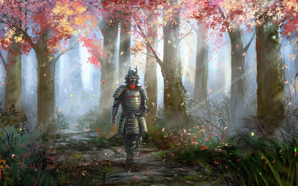 warrior knight walking on the green jungle painting HD wallpaper
