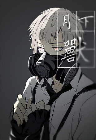 gray haired man illustration, Bungou Stray Dogs, anime boys, Nakajima Atsushi, gas masks