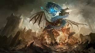two blue and brown dragon fighting digital wallpaper