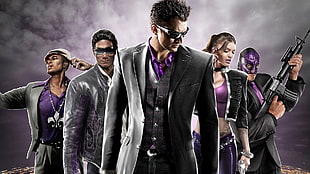 four men and one woman in purple-and-gray clothing poster