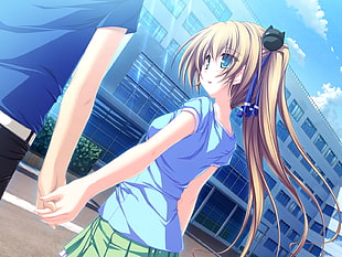 girl orange hair wearing blue shirt holding hands anime character HD wallpaper