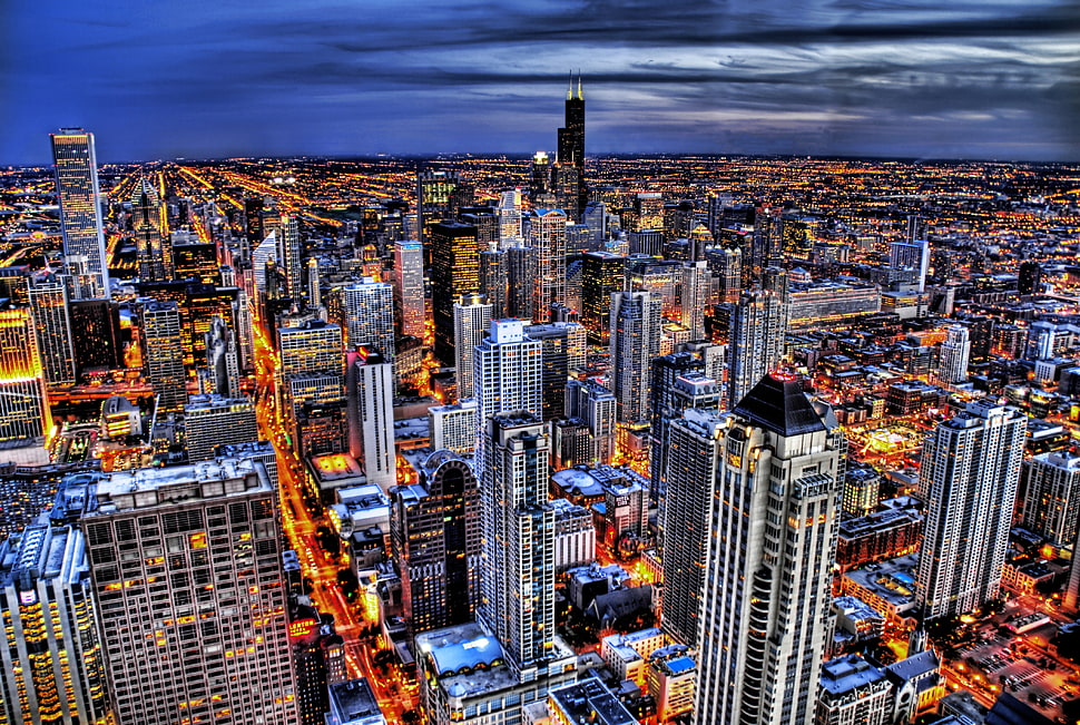 birds eye view of a city during night HD wallpaper