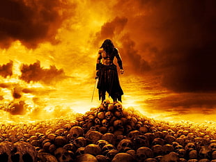 man standing on human skulls wallpaper, skull, Conan the Barbarian, movies