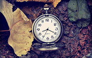 silver-colored pocket watch, clocks, vintage