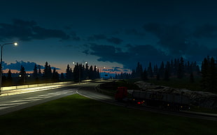 red and grey truck, Euro Truck Simulator 2, video games, night, Sun