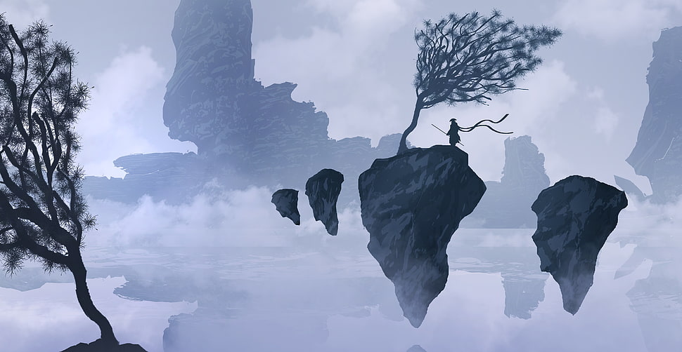 person wearing hat on flying stone fragment wallpaper, fantasy art, mountains, mist, samurai HD wallpaper