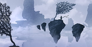 person wearing hat on flying stone fragment wallpaper, fantasy art, mountains, mist, samurai