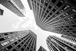 grayscale photo low angle of view of high-rise buildings HD wallpaper