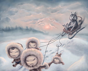 wolf riding sled, aurorae, eskymos, wolf, artwork