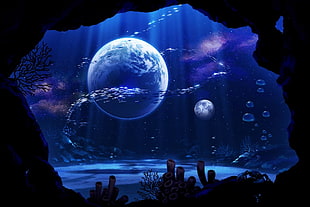 blue planet illustration, digital art, underwater