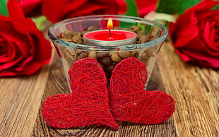 two red heart decor and clear glass candle holder HD wallpaper