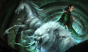man, wolf, and horse illustration