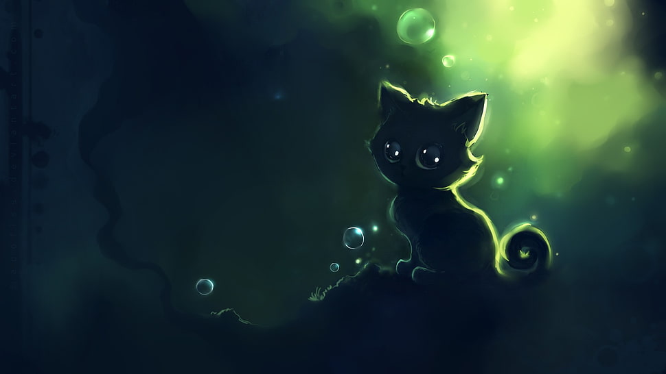 black kitten, cat, Apofiss, bubbles, artwork HD wallpaper