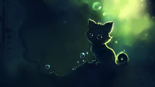 black kitten, cat, Apofiss, bubbles, artwork
