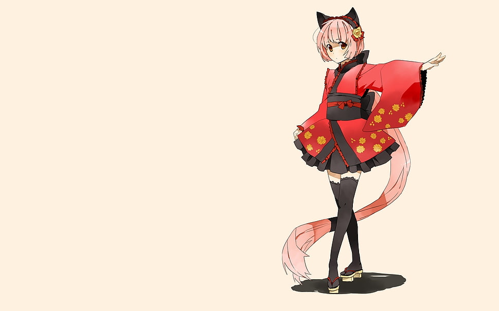 female anime character in red kimono HD wallpaper